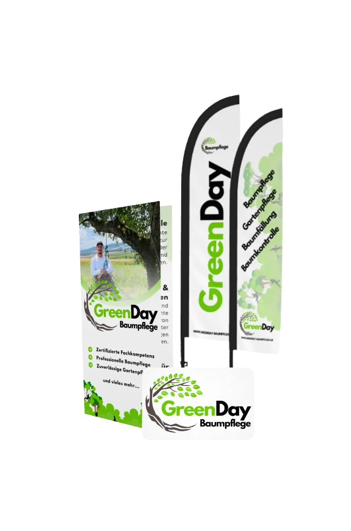 Greenday Printmedien – Visitenkarte, Flyer und Beachflag im einheitlichen Design Mockup der Greenday-Printmaterialien: Visitenkarte, Flyer und Beachflag als hochwertige Werbemittel